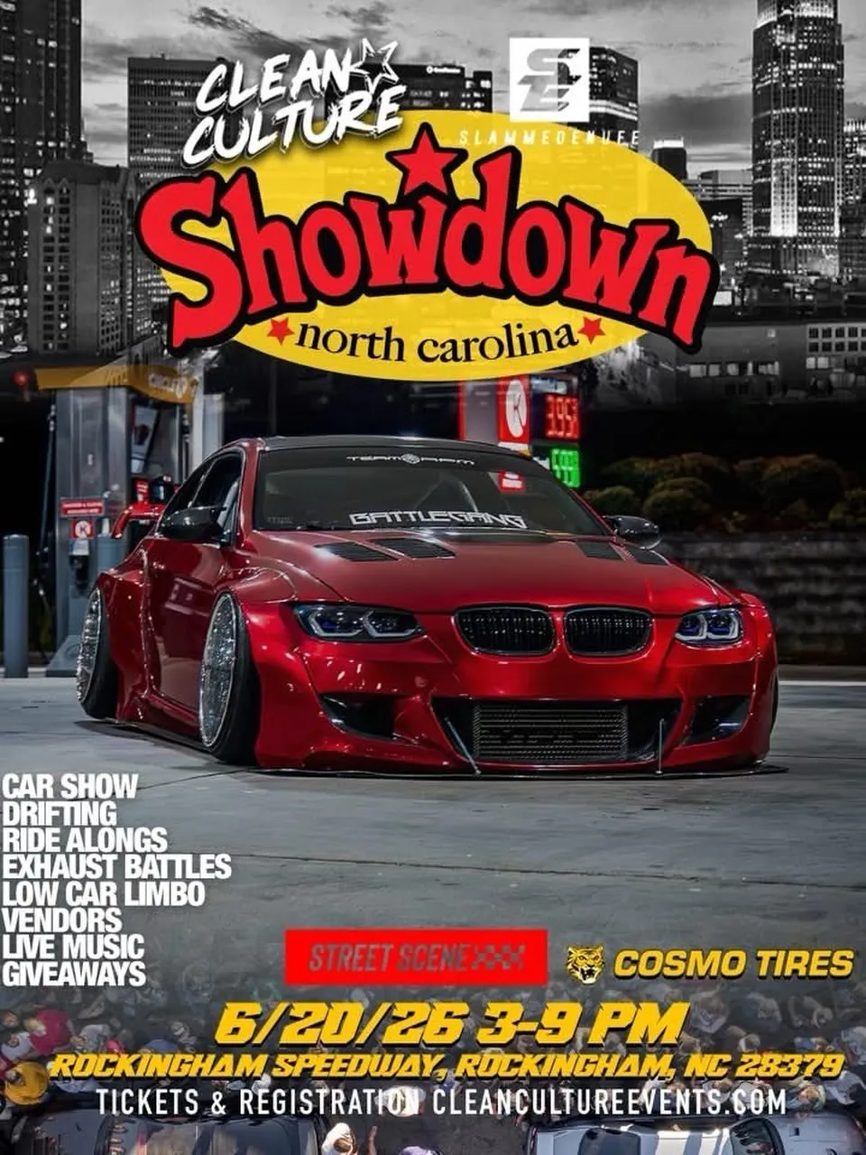 Clean Culture Showdown NC flyer featuring the TEAM RPM BMW 335i