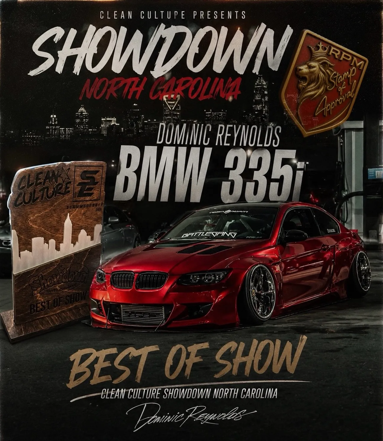Best of Show announcement graphic with red bagged BMW 335i